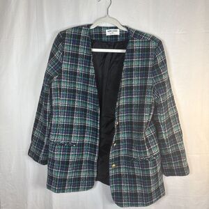 Women’s Alfred Dunner Green  Plaid Wool Blend Blazer Size 10 Preowned